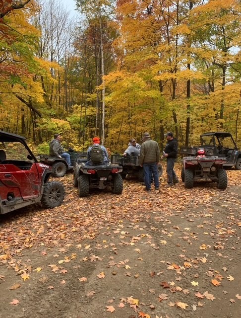 ATVs parked among fall foliage